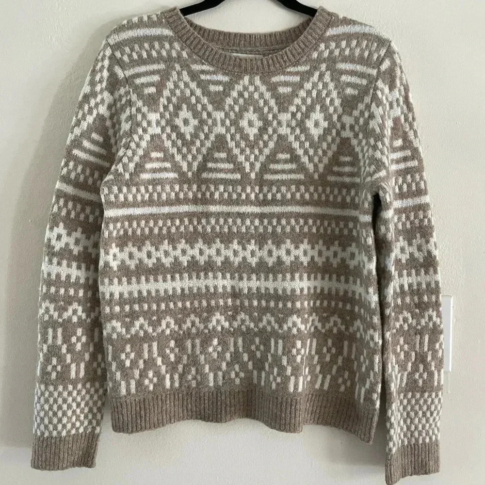 Cupcakes & Cashmere Fair Isle Style Oatmeal Beige White Knit Sweater Womens Med - Picture 1 of 5